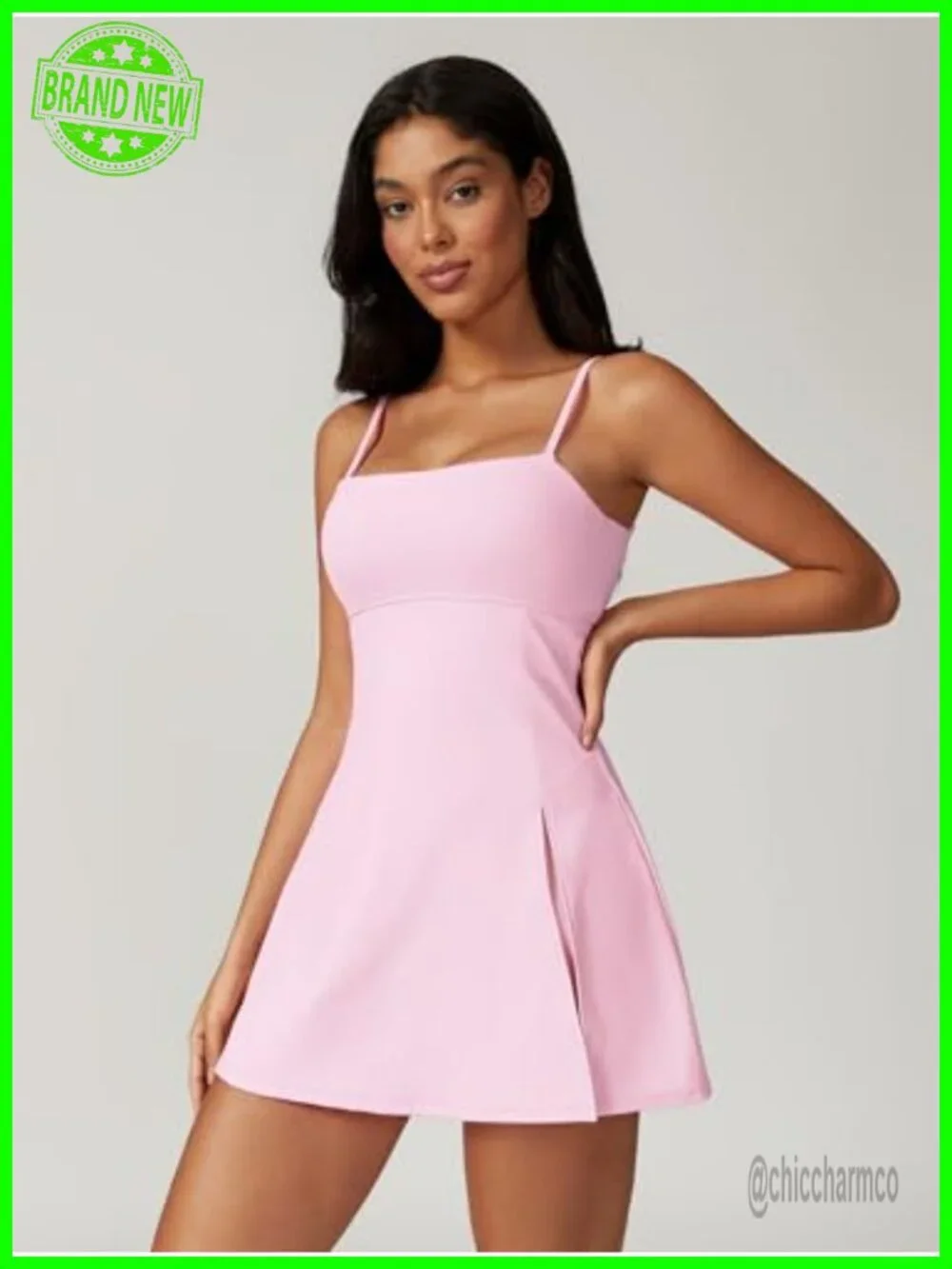 Square Neck Tennis Dress with Shorts Spaghetti Strap Backless Side Slit